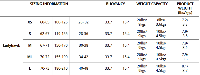 Scubapro ladyhawk on sale size chart